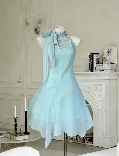 Misty Dewy Light Blue High Halter Neck A Line Chiffon Short Homecoming Dress AS1052