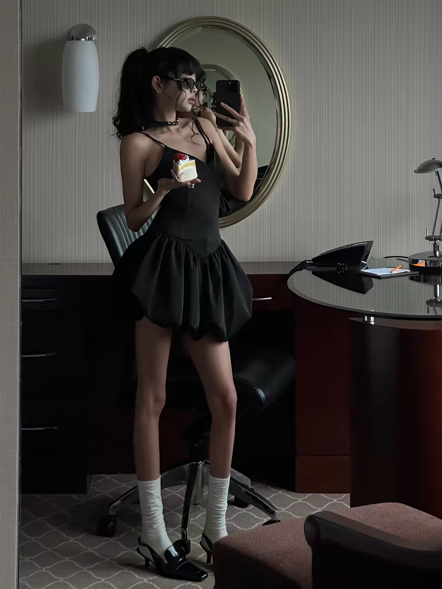 Sleek Black Spaghetti Strap V Neck Satin Puffy Bubble A Line Short Homecoming Dress AS1054