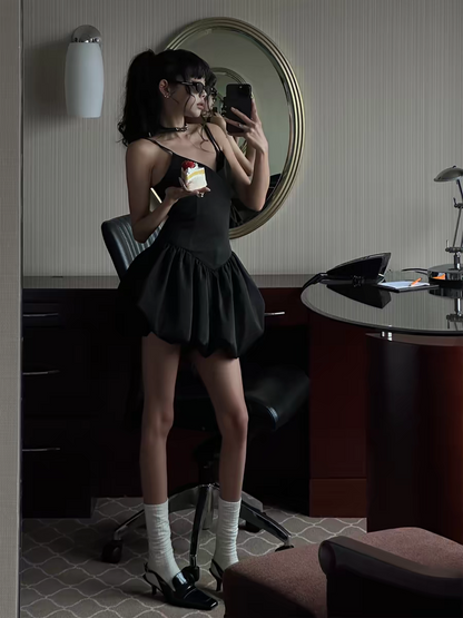 Sleek Black Spaghetti Strap V Neck Satin Puffy Bubble A Line Short Homecoming Dress AS1054