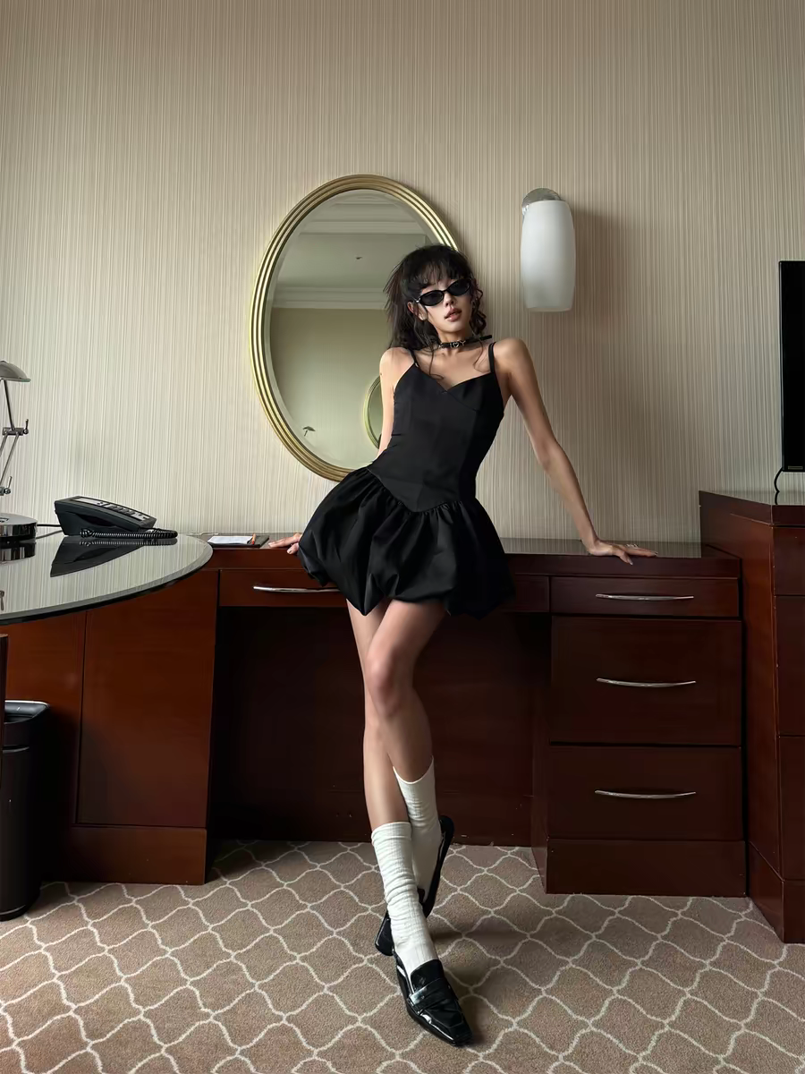 Sleek Black Spaghetti Strap V Neck Satin Puffy Bubble A Line Short Homecoming Dress AS1054