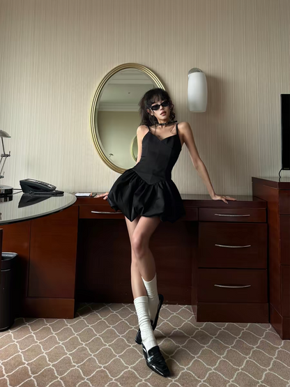 Sleek Black Spaghetti Strap V Neck Satin Puffy Bubble A Line Short Homecoming Dress AS1054