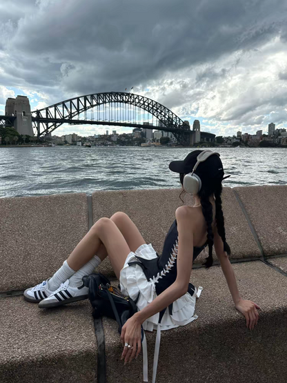 Cool Black White Contrast Strapless Side White Lace-Up Corset Multi-Tier Ruffle Long Hanging Ribbon A Line Mini Homecoming Dress AS1055