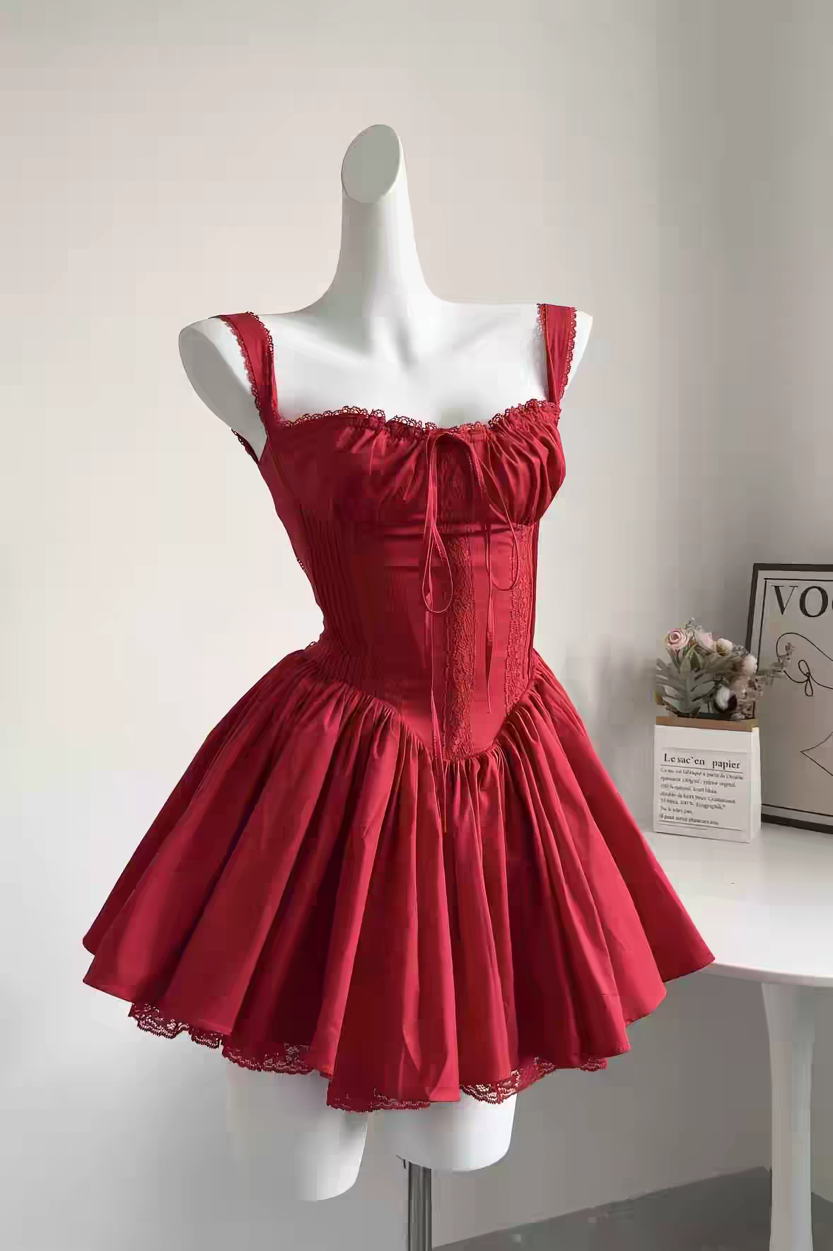 Luminous Red Lace Trim Straps Ruched Bust Corset A Line Short Homecoming Dress AS1056