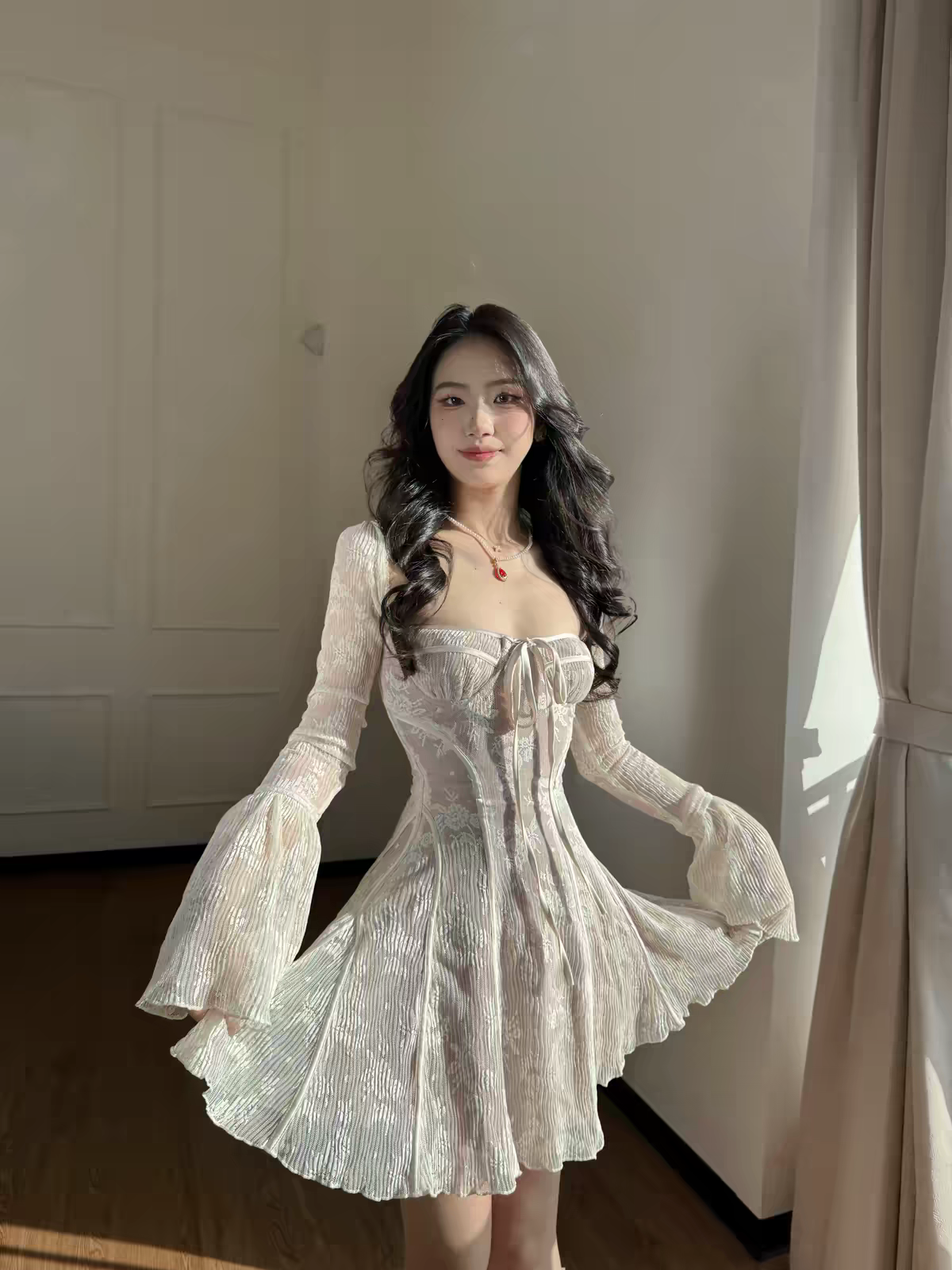 Luxuriant Red Sheer Floral Lace Square Neck Long Sleeve Corset A Line Ruffle Short Homecoming Dress AS1057