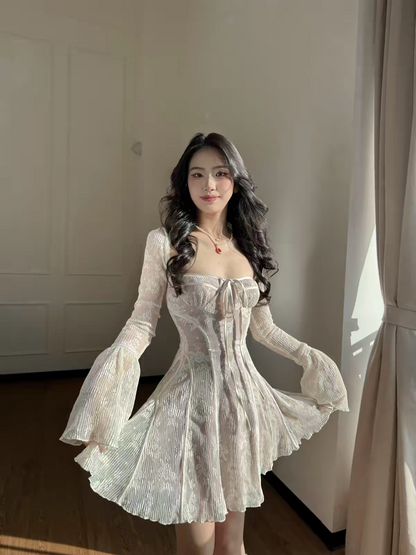 Luxuriant Red Sheer Floral Lace Square Neck Long Sleeve Corset A Line Ruffle Short Homecoming Dress AS1057