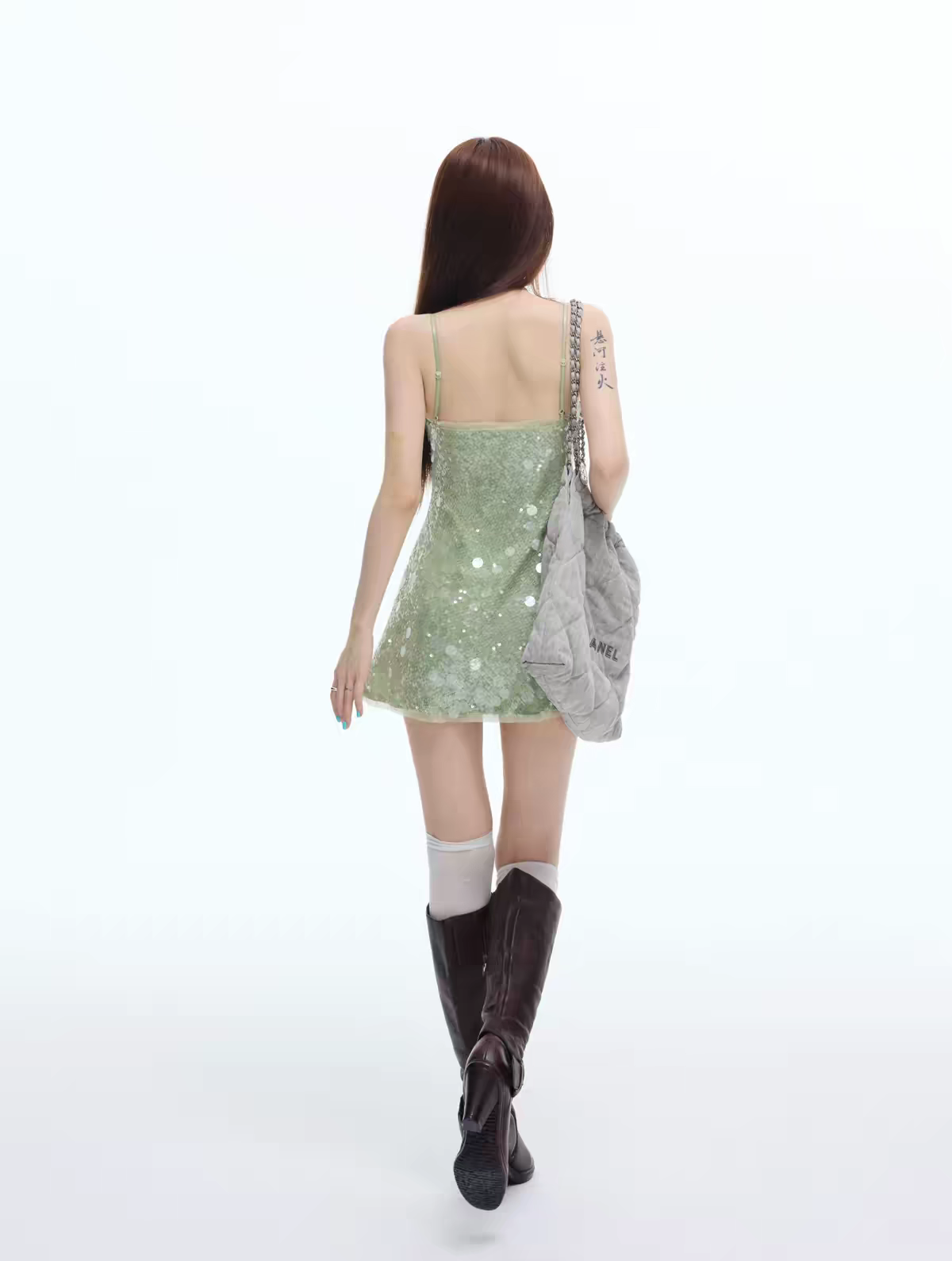 Luminous Mint Green Spaghetti Strap Tube Front Drawstring Tie Flared Sequin A-Line Short Homecoming Dress AS1058