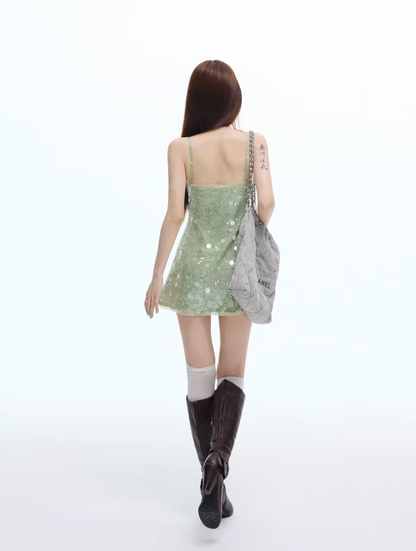 Luminous Mint Green Spaghetti Strap Tube Front Drawstring Tie Flared Sequin A-Line Short Homecoming Dress AS1058