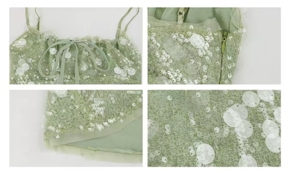 Luminous Mint Green Spaghetti Strap Tube Front Drawstring Tie Flared Sequin A-Line Short Homecoming Dress AS1058