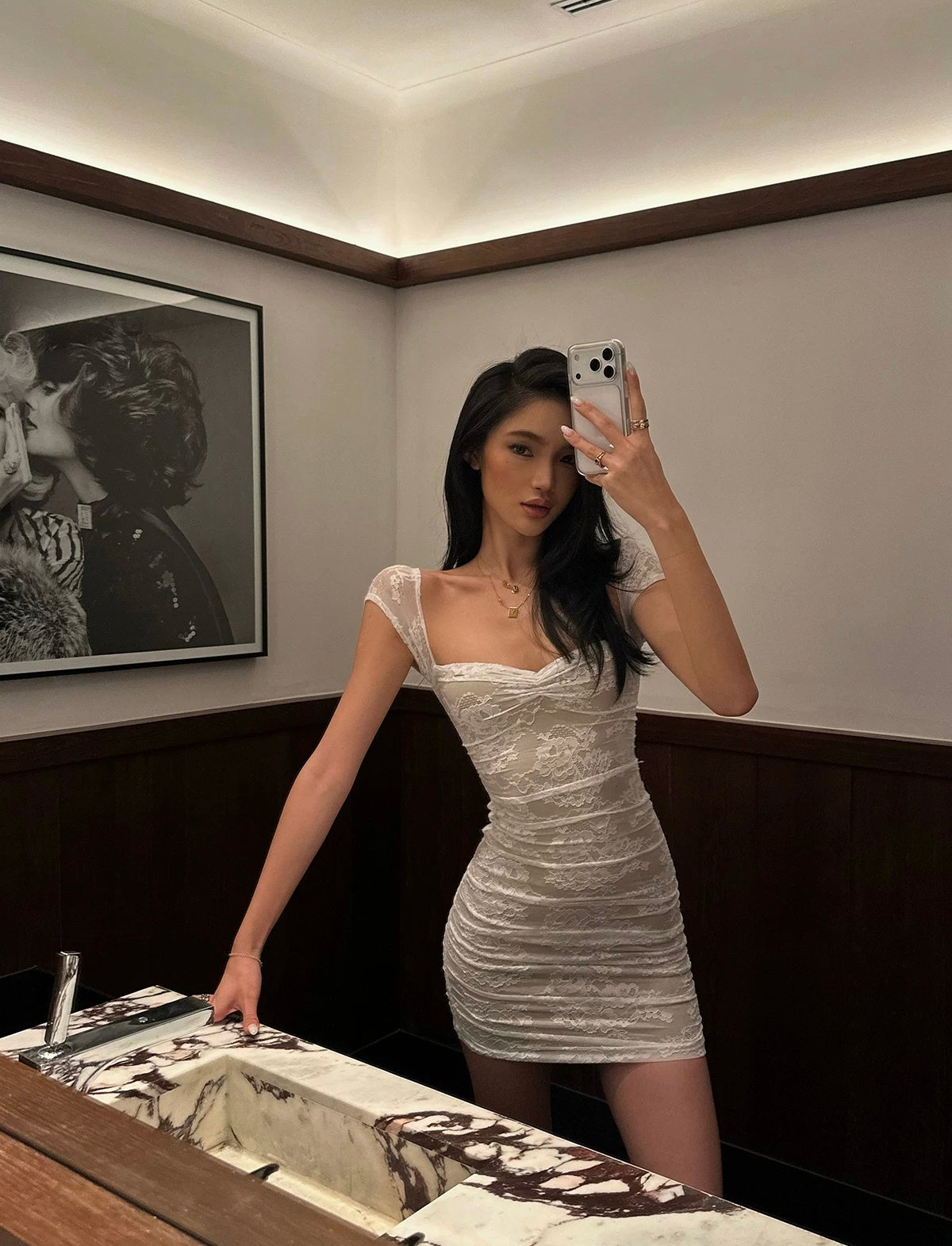 Chic White Cap Sleeve Sweetheart Floral Lace Mesh Ruched Bodycon Mini Homecoming Dress AS1059