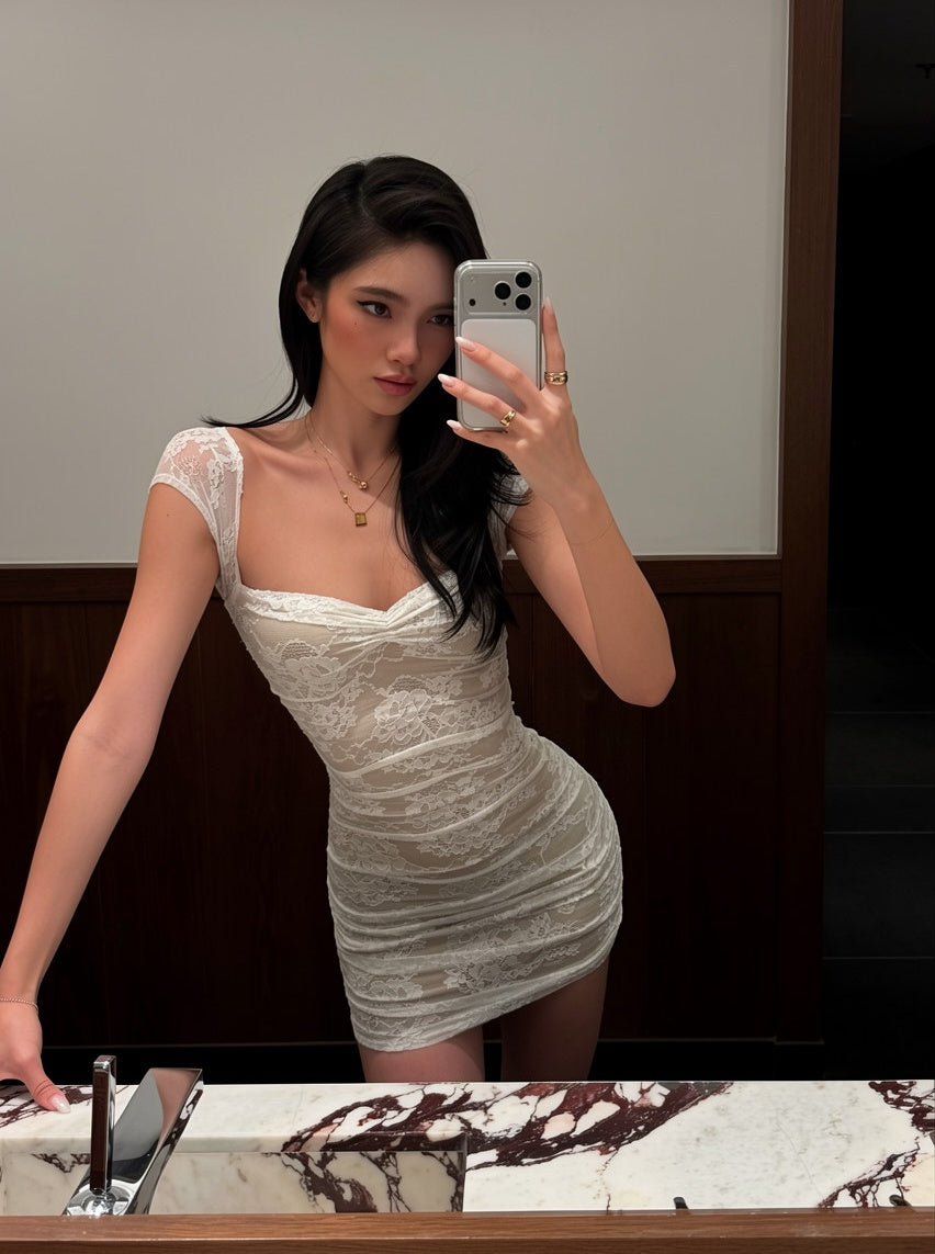 Chic White Cap Sleeve Sweetheart Floral Lace Mesh Ruched Bodycon Mini Homecoming Dress AS1059