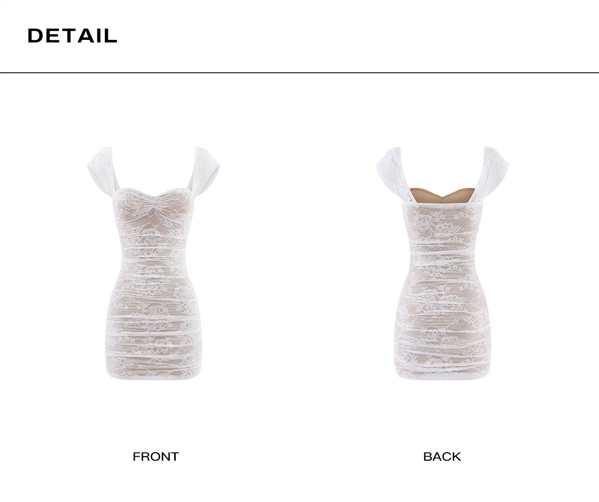 Chic White Cap Sleeve Sweetheart Floral Lace Mesh Ruched Bodycon Mini Homecoming Dress AS1059