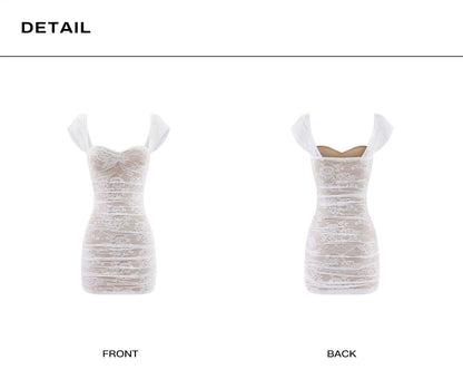 Chic White Cap Sleeve Sweetheart Floral Lace Mesh Ruched Bodycon Mini Homecoming Dress AS1059