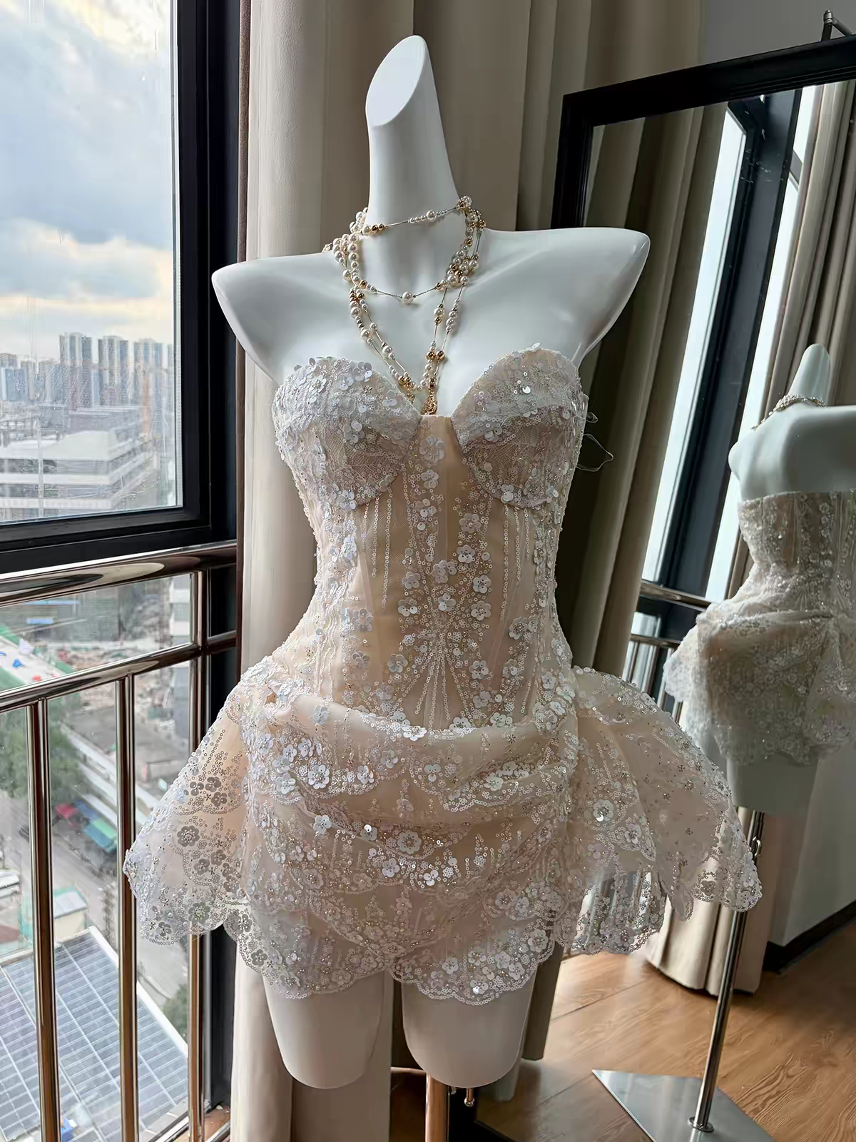 Luxuriant Ivory Sweetheart Neck Sequin Floral Applique Corset Runched Lace Ruffle Mini A Line Homecoming Dress AS1060
