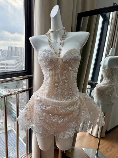 Luxuriant Ivory Sweetheart Neck Sequin Floral Applique Corset Runched Lace Ruffle Mini A Line Homecoming Dress AS1060
