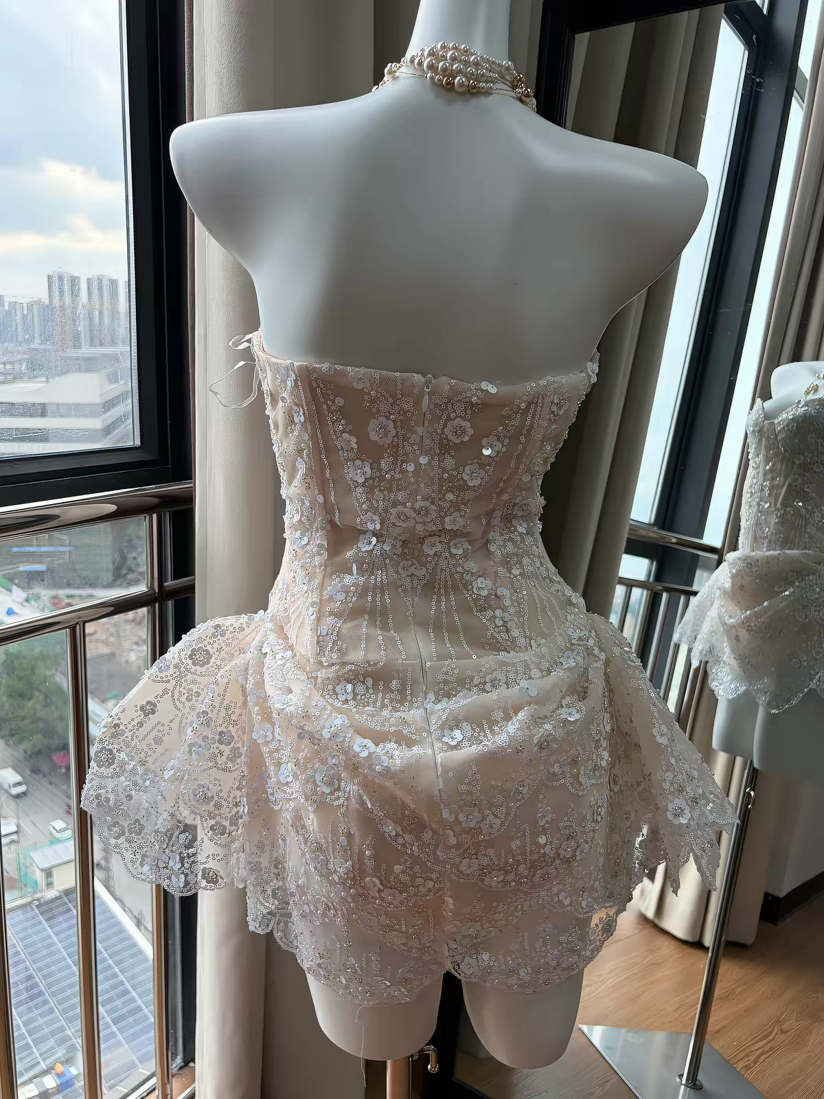 Luxuriant Ivory Sweetheart Neck Sequin Floral Applique Corset Runched Lace Ruffle Mini A Line Homecoming Dress AS1060