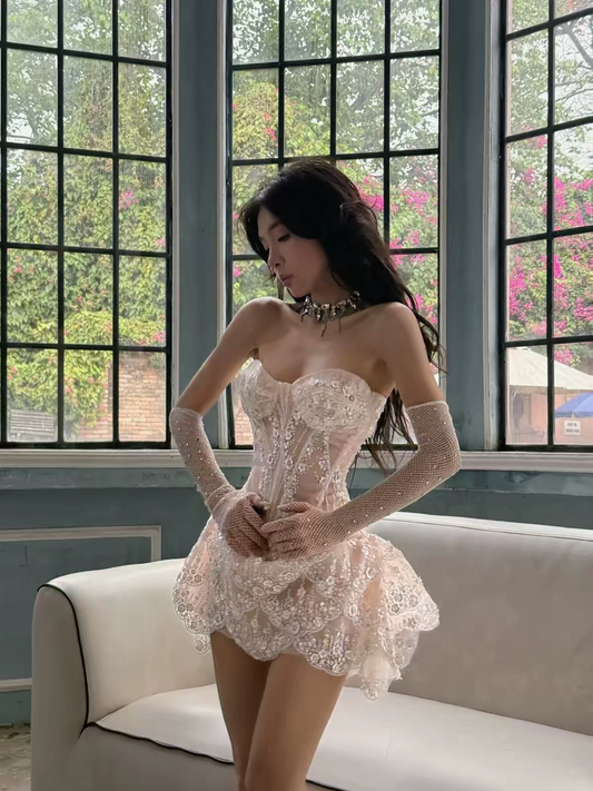 Luxuriant Ivory Sweetheart Neck Sequin Floral Applique Corset Runched Lace Ruffle Mini A Line Homecoming Dress AS1060