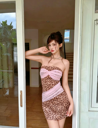 Vintage Leopard Print Strapless Pink Mesh Twist Bodycon Short Homecoming Dress AS1061