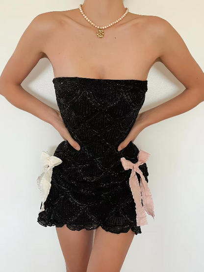 Luxury Nude Strapless Beaded Ruched Bodycon Mini Homecoming Dress With Side Bow AS1064