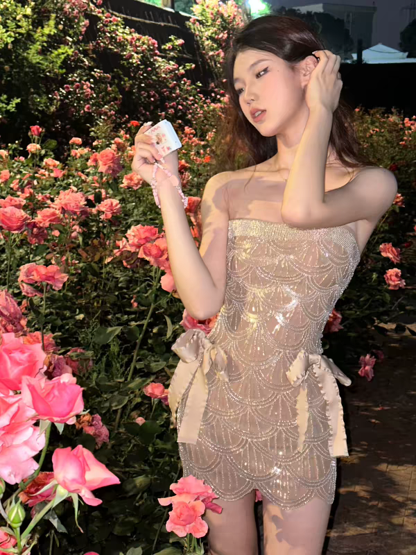 Luxury Nude Strapless Beaded Ruched Bodycon Mini Homecoming Dress With Side Bow AS1064