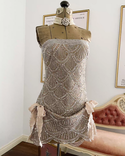 Luxury Nude Strapless Beaded Ruched Bodycon Mini Homecoming Dress With Side Bow AS1064
