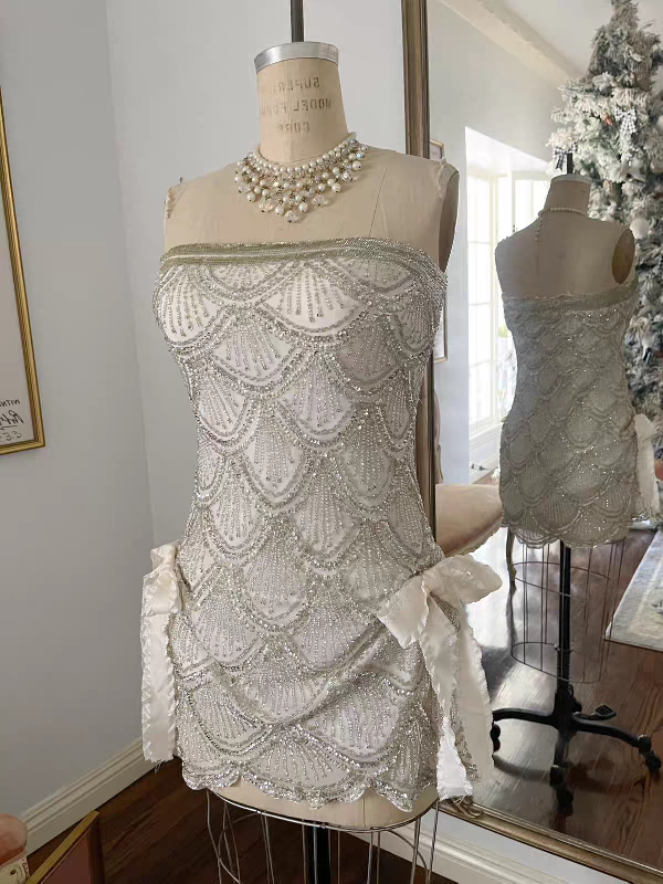 Luxury Nude Strapless Beaded Ruched Bodycon Mini Homecoming Dress With Side Bow AS1064