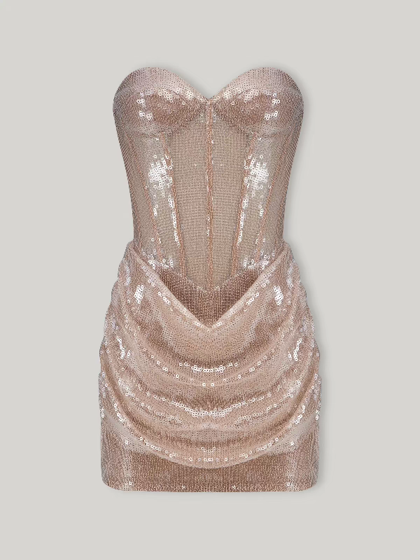 Hot Sale Glam Champagne Sweetheart Neck Sequin Mesh Corset Draped Ruched Mini Bodycon Homecoming Dress AS1065