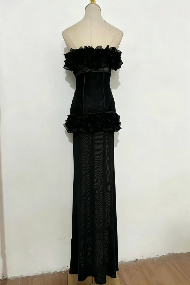 Top Trending Sultry Black Strapless Ruffle Bone Corset Sheer Mesh Bodycon Mini Homecoming With Long Tail AS1066