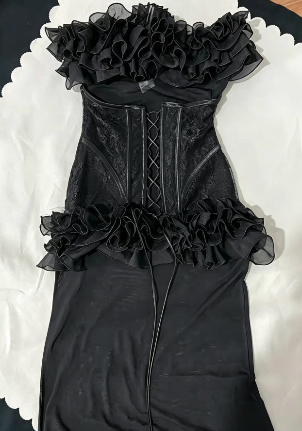 Top Trending Sultry Black Strapless Ruffle Bone Corset Sheer Mesh Bodycon Mini Homecoming With Long Tail AS1066