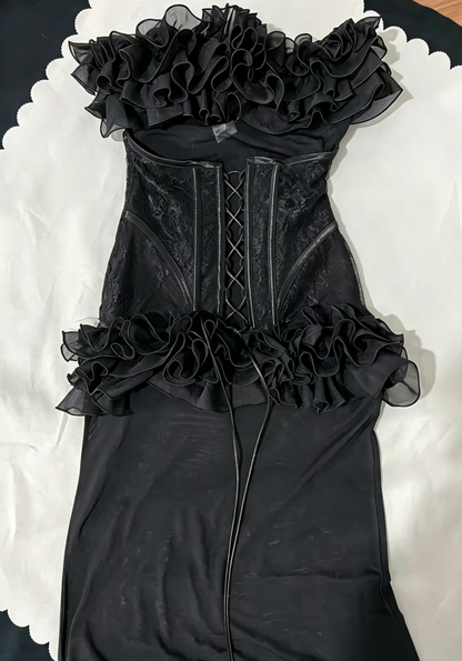 Top Trending Sultry Black Strapless Ruffle Bone Corset Sheer Mesh Bodycon Mini Homecoming With Long Tail AS1066