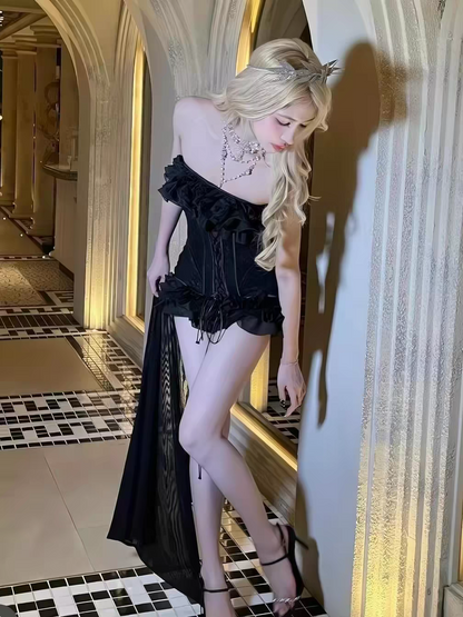 Top Trending Sultry Black Strapless Ruffle Bone Corset Sheer Mesh Bodycon Mini Homecoming With Long Tail AS1066