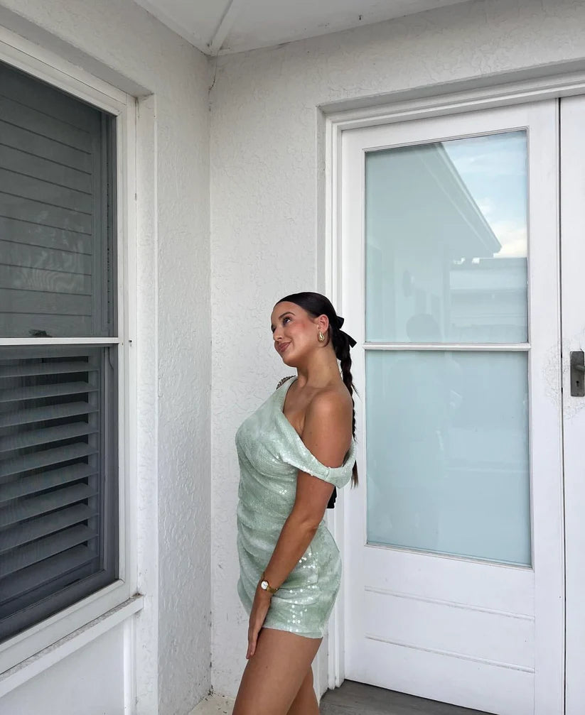 Hot Sale Fresh Mint Green One Shoulder Draped Side Ruched Bodycon Mini Homecoming Dress AS1068