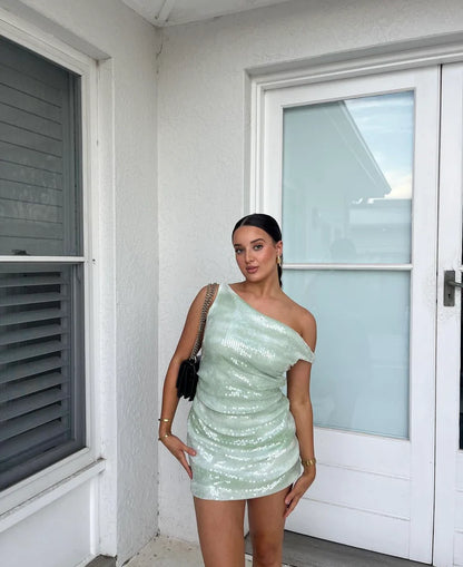 Hot Sale Fresh Mint Green One Shoulder Draped Side Ruched Bodycon Mini Homecoming Dress AS1068
