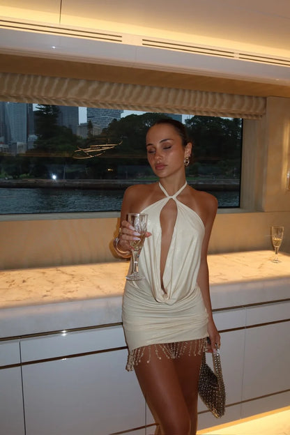 Hot Sale Chic White Halter Cowl Deep Cutout Rhinestone Fringe Hem Bodycon Mini Homecoming Dress AS1069