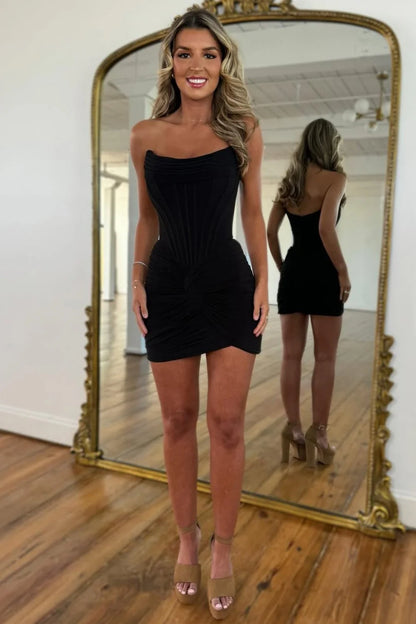 Elegant Strapless Black Ruched Bodycon Mini Homecoming Dress AS107