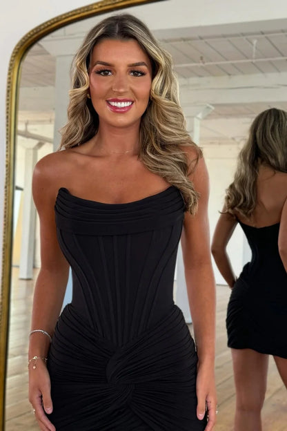 Elegant Strapless Black Ruched Bodycon Mini Homecoming Dress AS107
