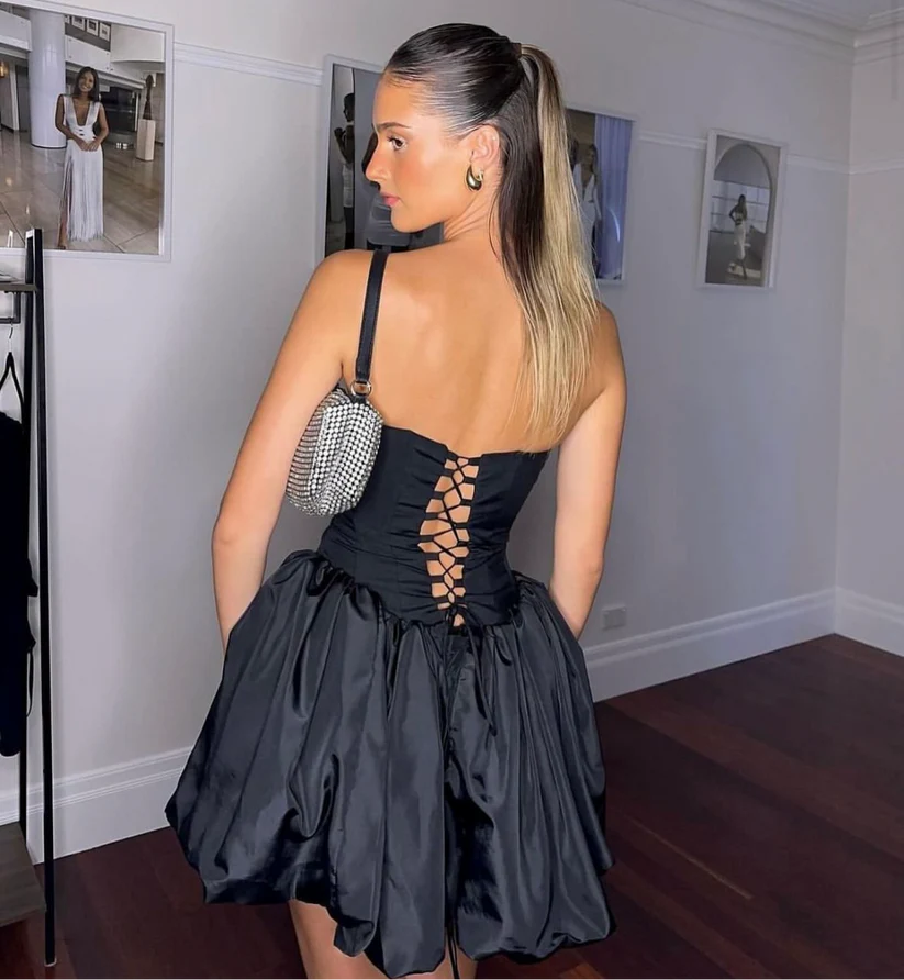 Hot Sale Dark Glam Black Strapless Corset Satin Bubble Short Homecoming Dress AS1071