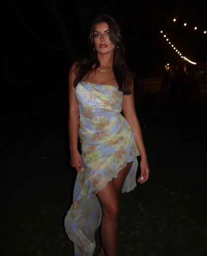 Romantic Watercolor Floral Sparkle Rhinestone Strapless Asymmetric High Low Chiffon Skirt Short Homecoming Dress AS1072