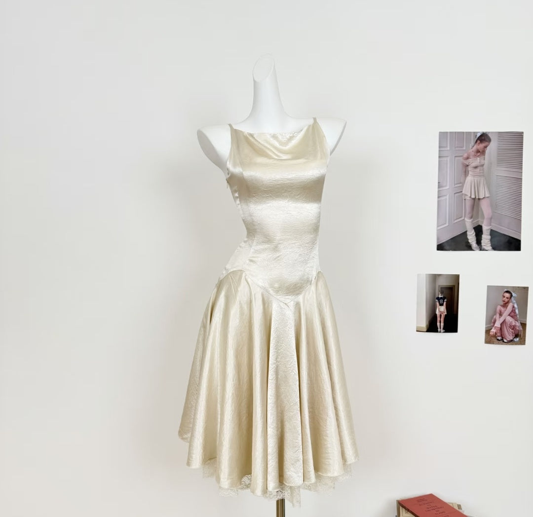 Vintage Ivory Spaghetti Strap Lace Trim A Line Midi Homecoming Dress AS1073