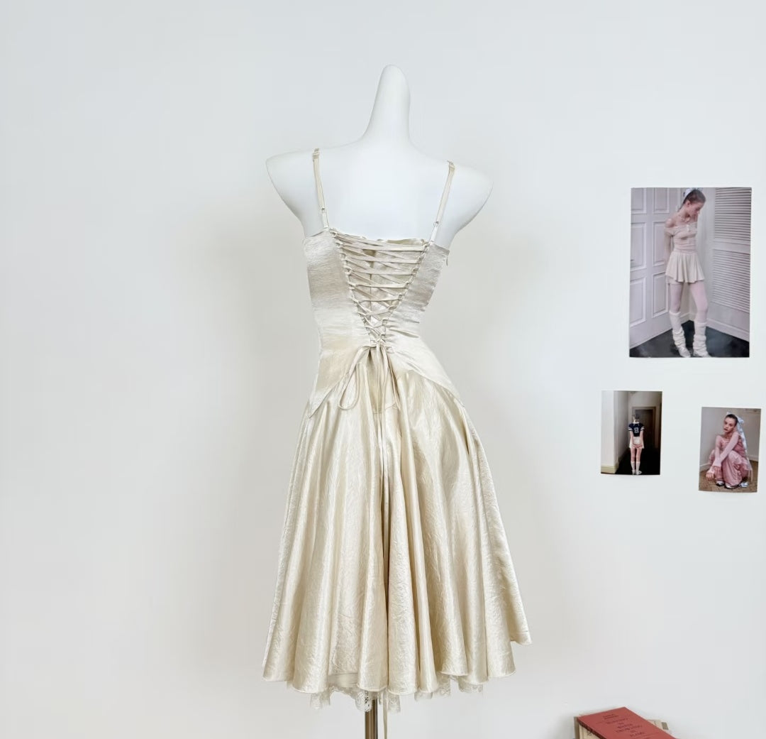 Vintage Ivory Spaghetti Strap Lace Trim A Line Midi Homecoming Dress AS1073