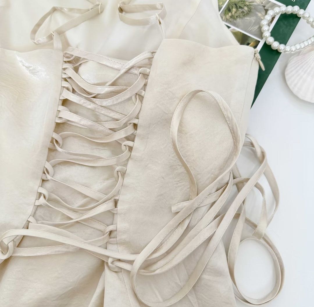 Vintage Ivory Spaghetti Strap Lace Trim A Line Midi Homecoming Dress AS1073