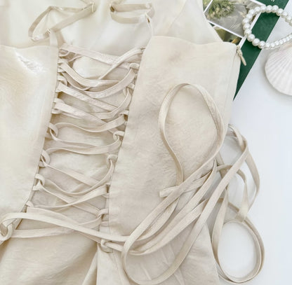 Vintage Ivory Spaghetti Strap Lace Trim A Line Midi Homecoming Dress AS1073