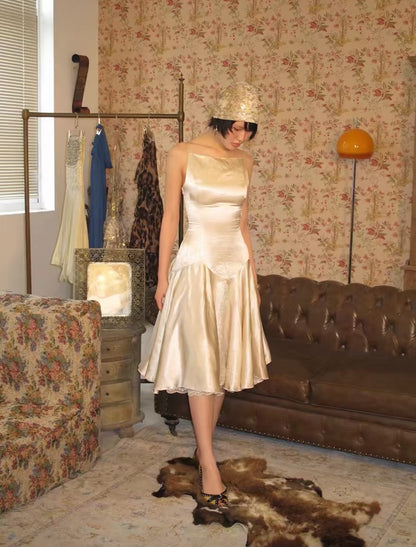 Vintage Ivory Spaghetti Strap Lace Trim A Line Midi Homecoming Dress AS1073