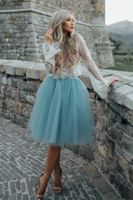 Hot Sale Fairy Two Piece White Lace Round Neck Long Sleeves A Line Blue Tulle Midi Homecoming Dress AS1078