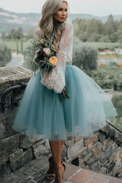 Hot Sale Fairy Two Piece White Lace Round Neck Long Sleeves A Line Blue Tulle Midi Homecoming Dress AS1078