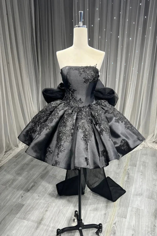 Luxury Black Strapless Floral Lace Applique Stain Short A Line Homecoming Dress With Giant Back Organza Bow AS1079