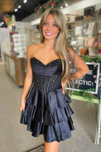 Elegant Sweetheart Homecoming Dress With Lace Corset Bodice And Tiered Skirt AS108