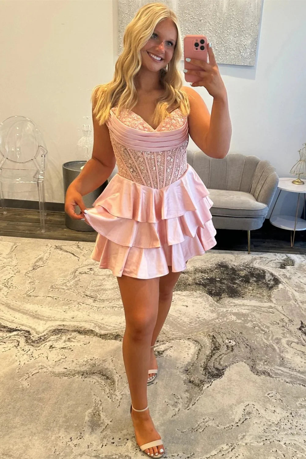 Elegant Sweetheart Homecoming Dress With Lace Corset Bodice And Tiered Skirt AS108