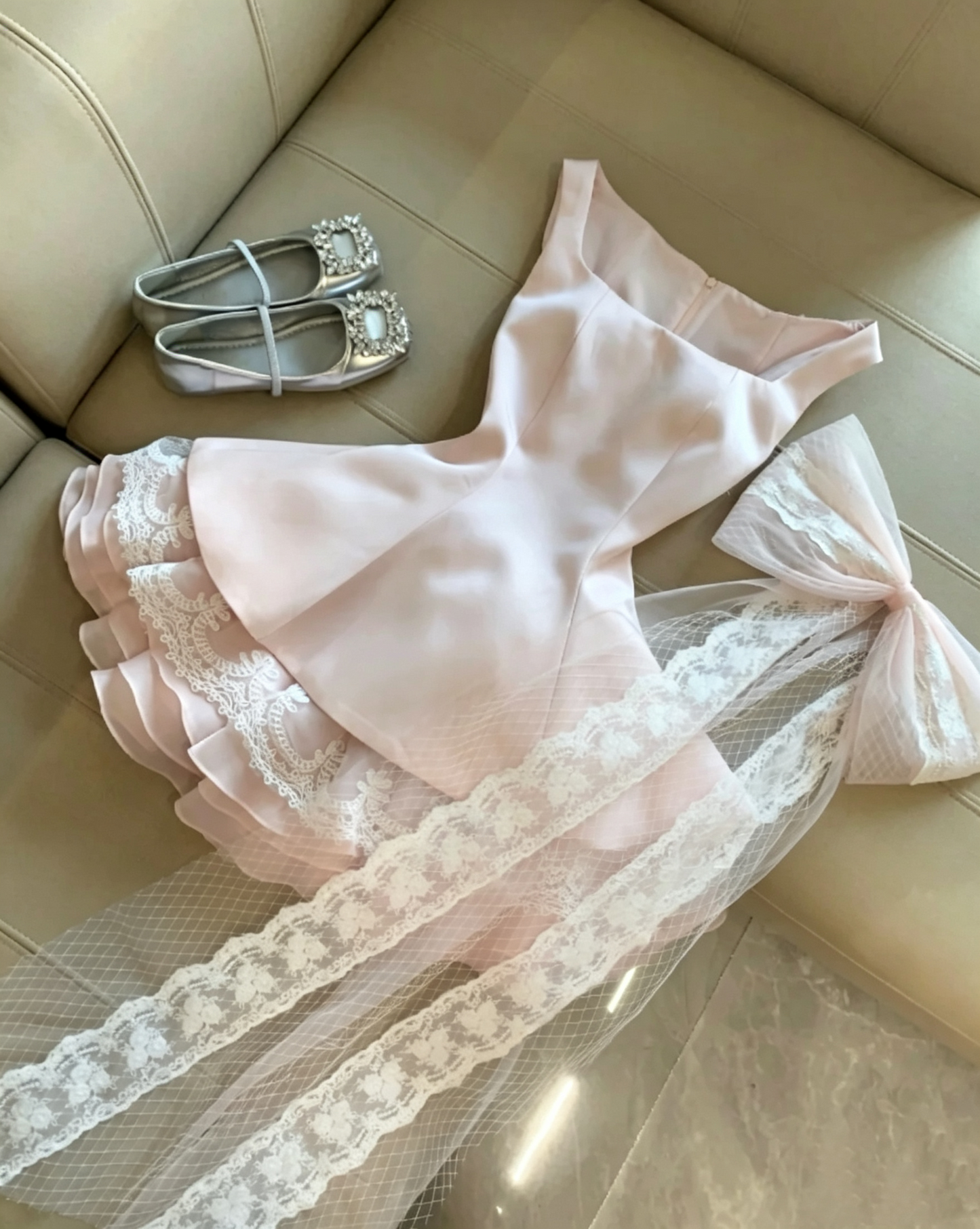 Sweet Light Pink Square Neck Wide Strap Multi Ruffle Lace Hem Satin A Line Short Homecoming Dress With Detachable Long Tulle Lace Bow AS1080