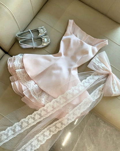 Sweet Light Pink Square Neck Wide Strap Multi Ruffle Lace Hem Satin A Line Short Homecoming Dress With Detachable Long Tulle Lace Bow AS1080