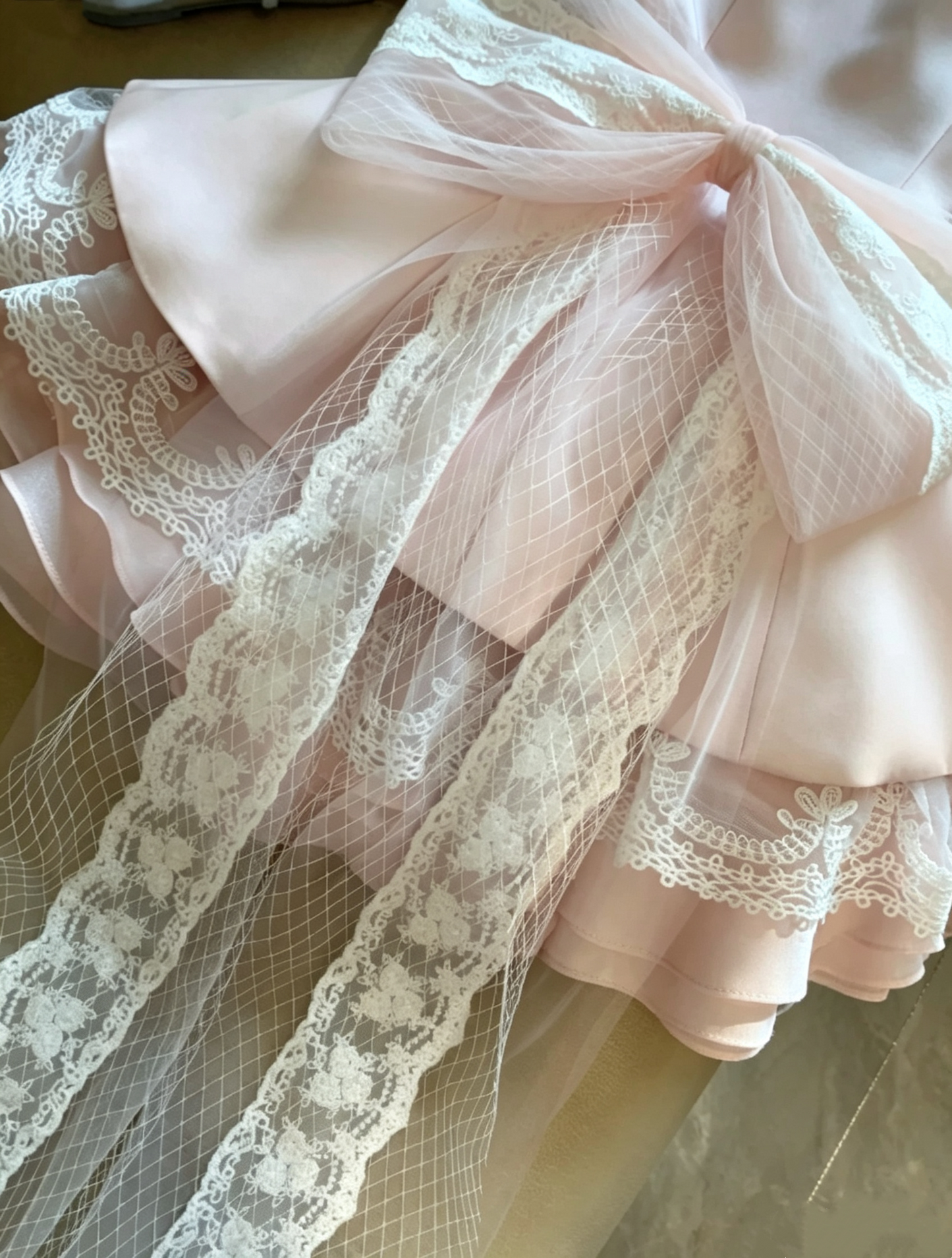 Sweet Light Pink Square Neck Wide Strap Multi Ruffle Lace Hem Satin A Line Short Homecoming Dress With Detachable Long Tulle Lace Bow AS1080